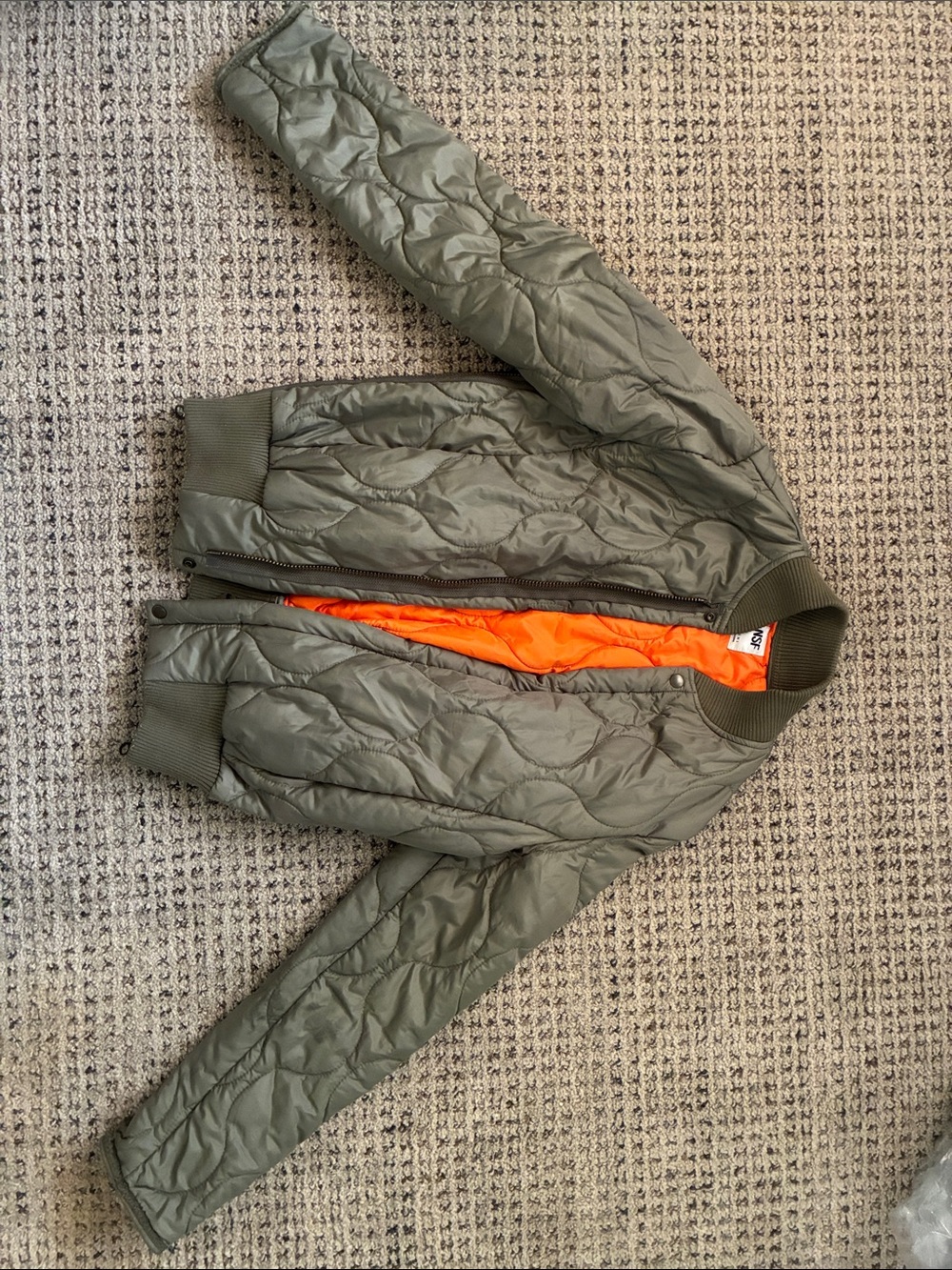 NSF Olive Green Quilted Bomber Jacket with Orange Lining